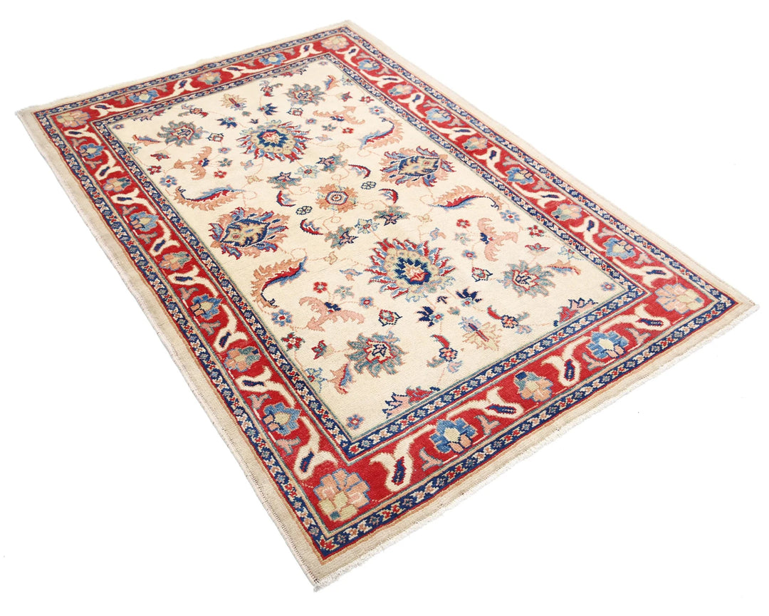 Ivory Afghan Oriental Rug 4'9" x 5'9" Hand-Knotted close-up