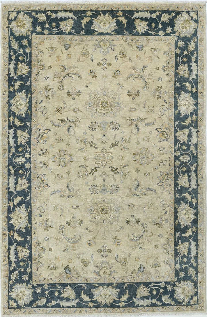 Ivory Indian Ziegler Rug 5'6" x 8'4" Hand-Knotted | No. AT79347