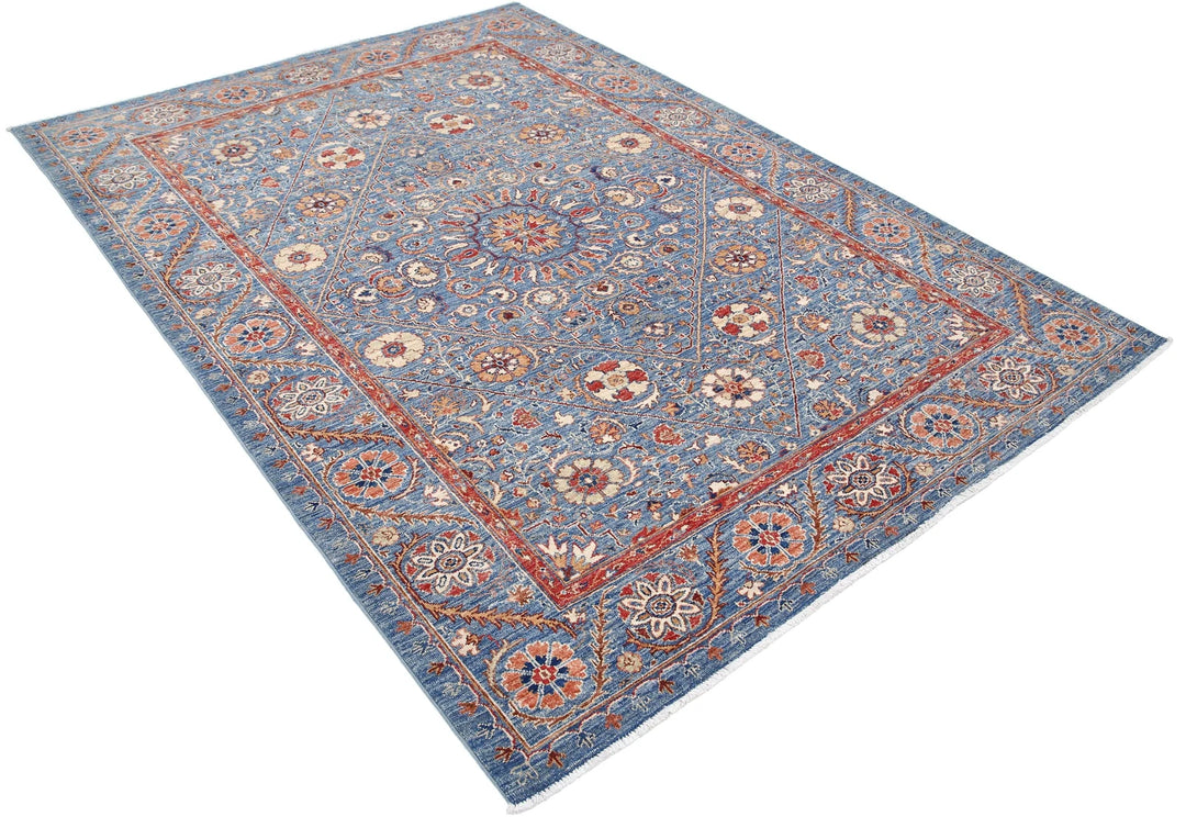 Blue Afghan Ziegler Rug 5' 8" x 7' 10" Hand-Knotted | No. AT79531