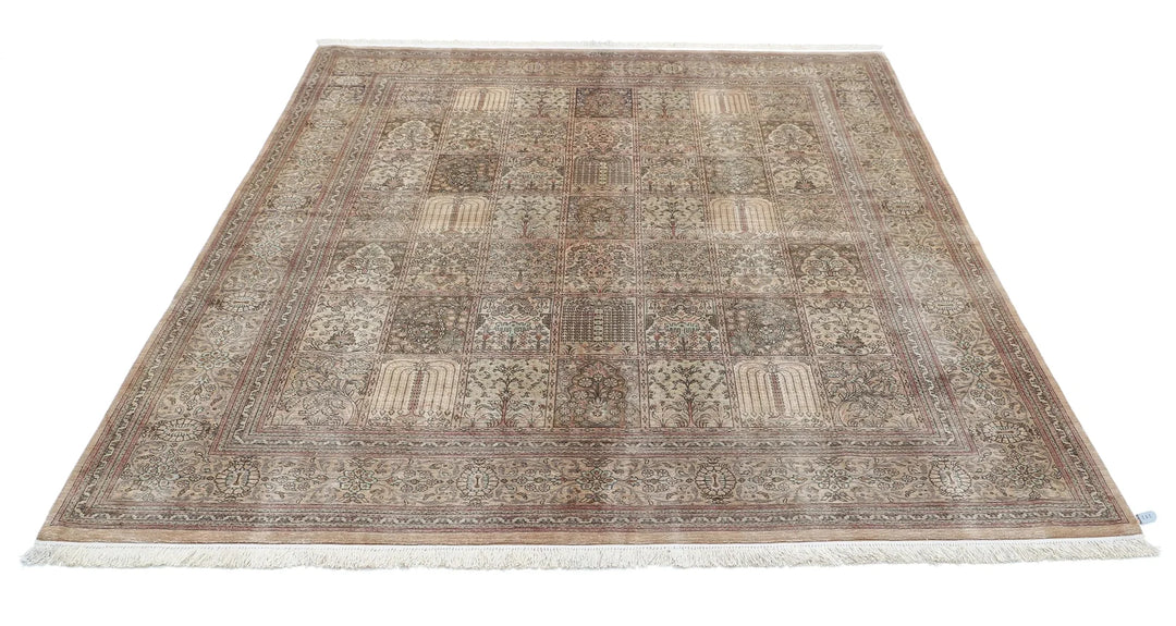 Brown Oriental Qum Silk Rug 6'3" x 7'1" Hand-Knotted | No. AT79940