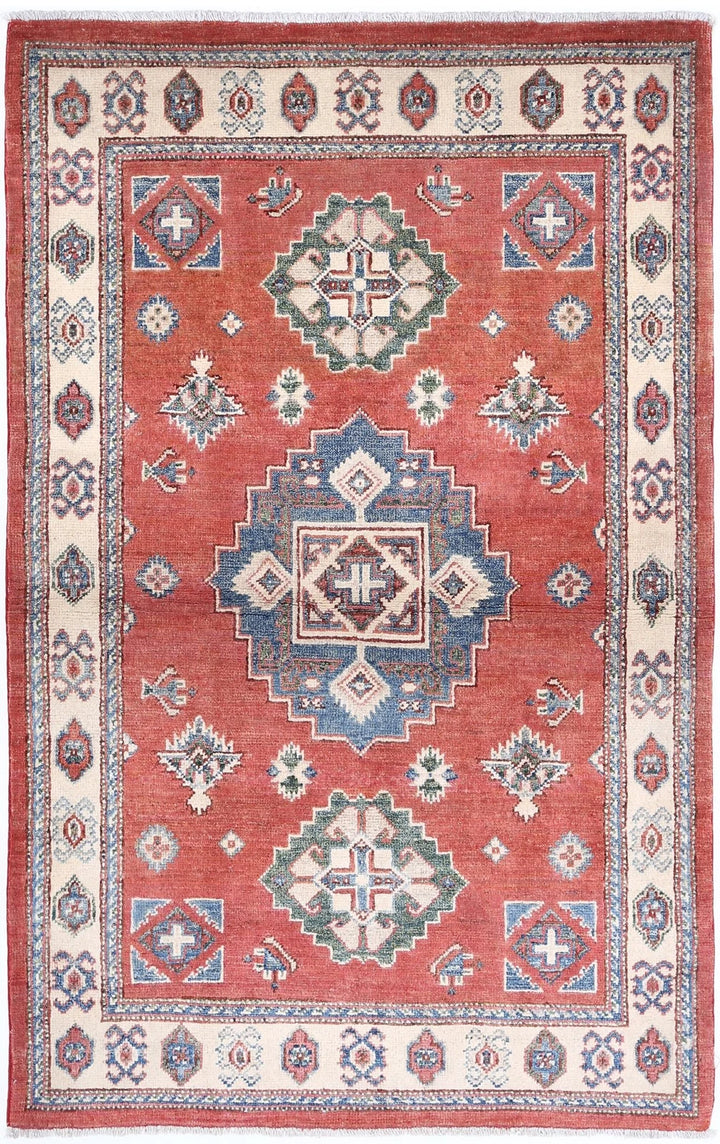 Afghan Kazak Rug 3' 2" x 4' 11" Hand-Knotted | No. AT80887