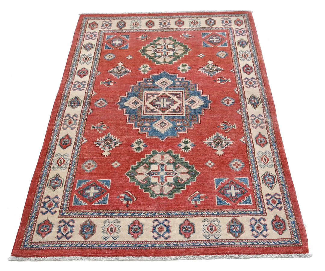 Afghan Kazak Rug 3' 2" x 4' 11" Hand-Knotted | No. AT80887