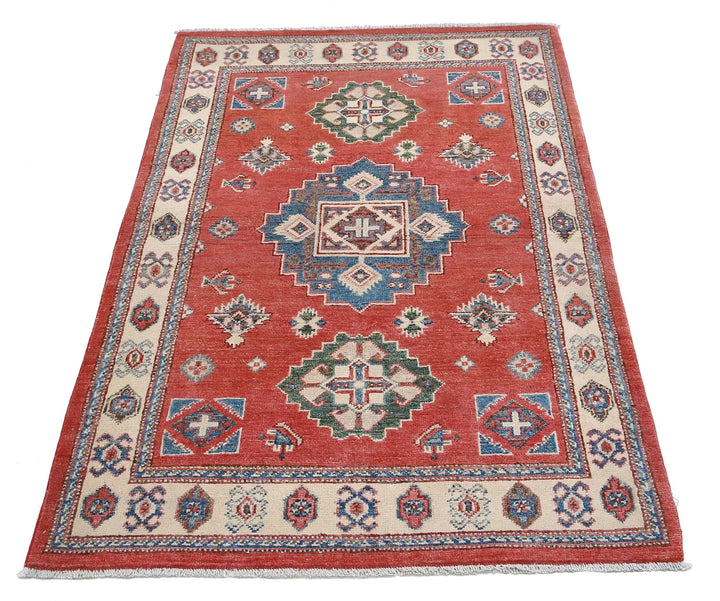 Afghan Kazak Rug 3' 2" x 4' 11" Hand-Knotted | No. AT80887