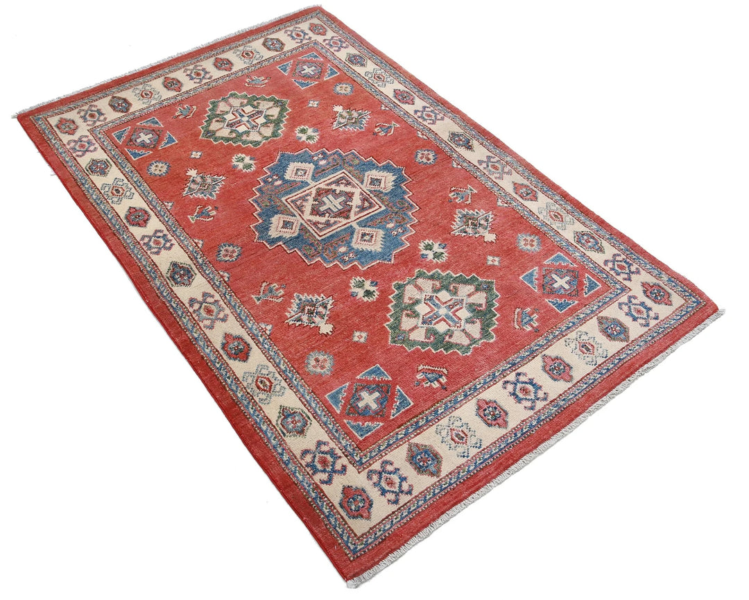 Afghan Kazak Rug 3' 2" x 4' 11" Hand-Knotted | No. AT80887