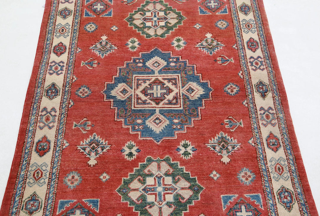 Afghan Kazak Rug 3' 2" x 4' 11" Hand-Knotted | No. AT80887