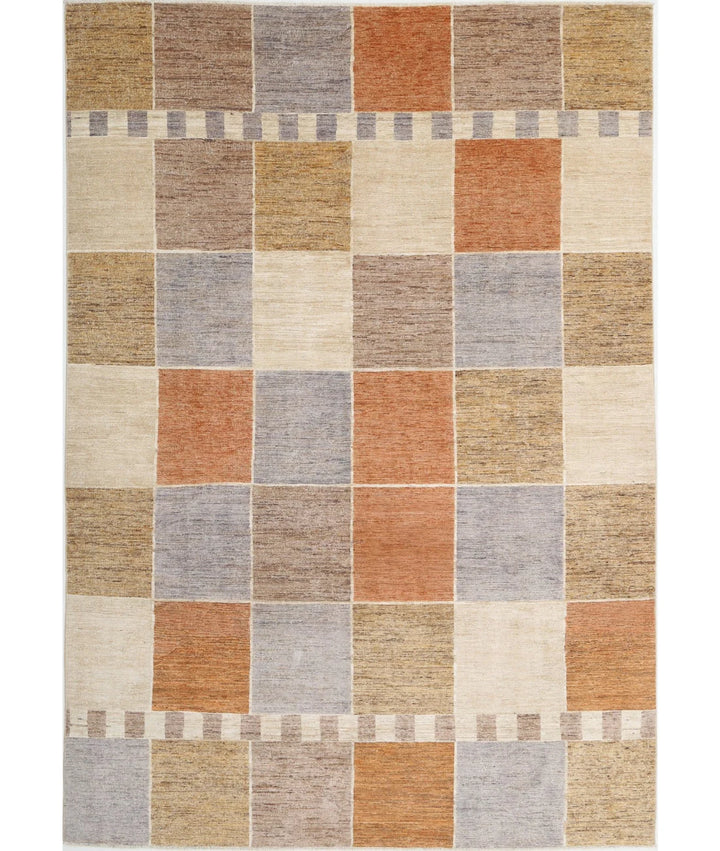 Beige Afghan Modcar Rug 6' 5" x 9' 5" Hand-Knotted | No. AT81009