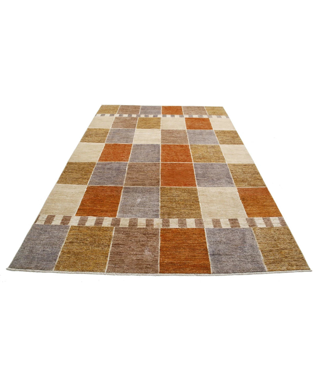 Beige Afghan Modcar Rug 6' 5" x 9' 5" Hand-Knotted | No. AT81009