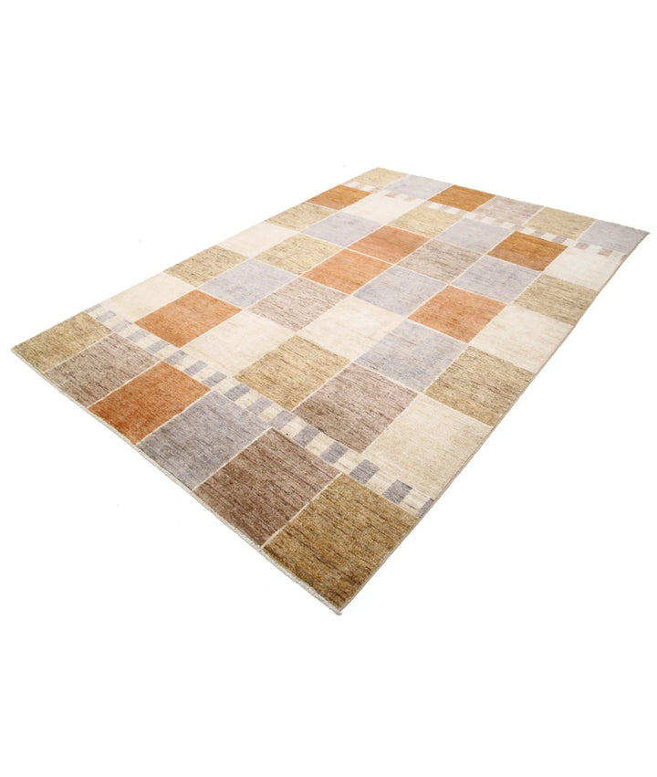 Beige Afghan Modcar Rug 6' 5" x 9' 5" Hand-Knotted | No. AT81009