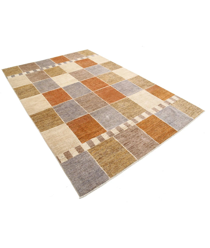 Beige Afghan Modcar Rug 6' 5" x 9' 5" Hand-Knotted | No. AT81009