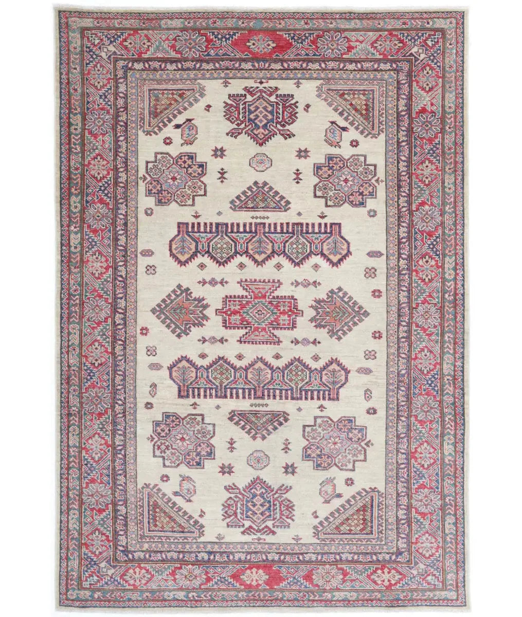 Ivory Afghan Kazak Rug 4' 10" x 7' 3" Hand-Knotted | No. AT82211