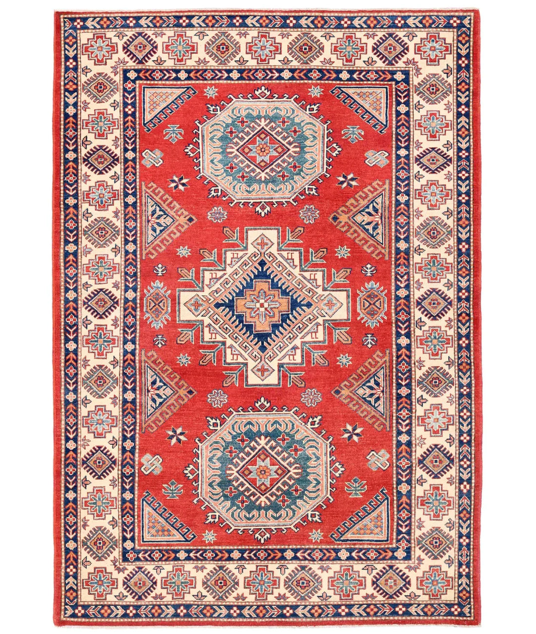 Red Afghan Kazak Rug 6' 0" x 8' 7" Hand-Knotted | No. AT82546