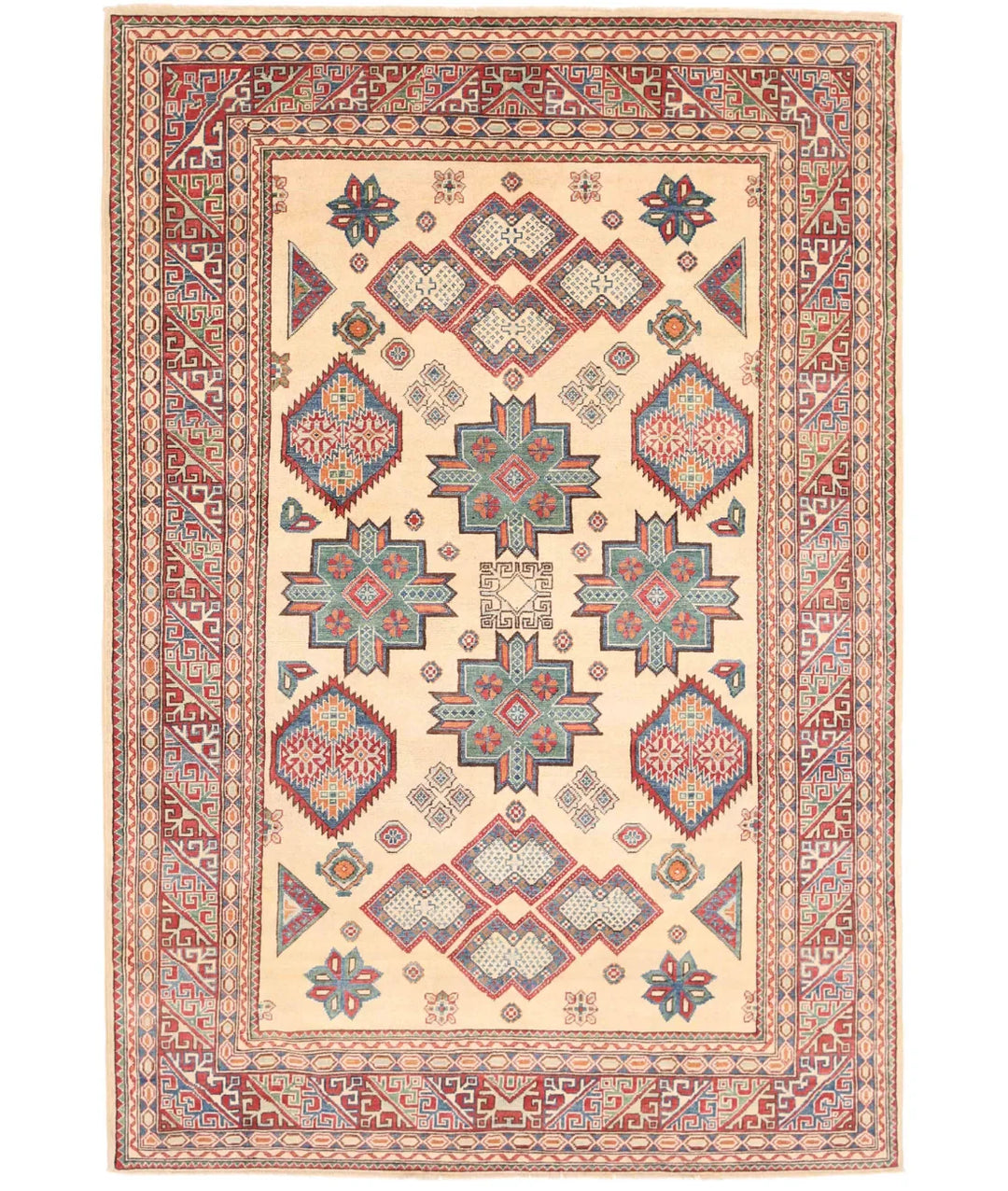 Ivory Afghan Kazak Rug 6' 8" x 10' 0" Hand-Knotted | No. AT829034