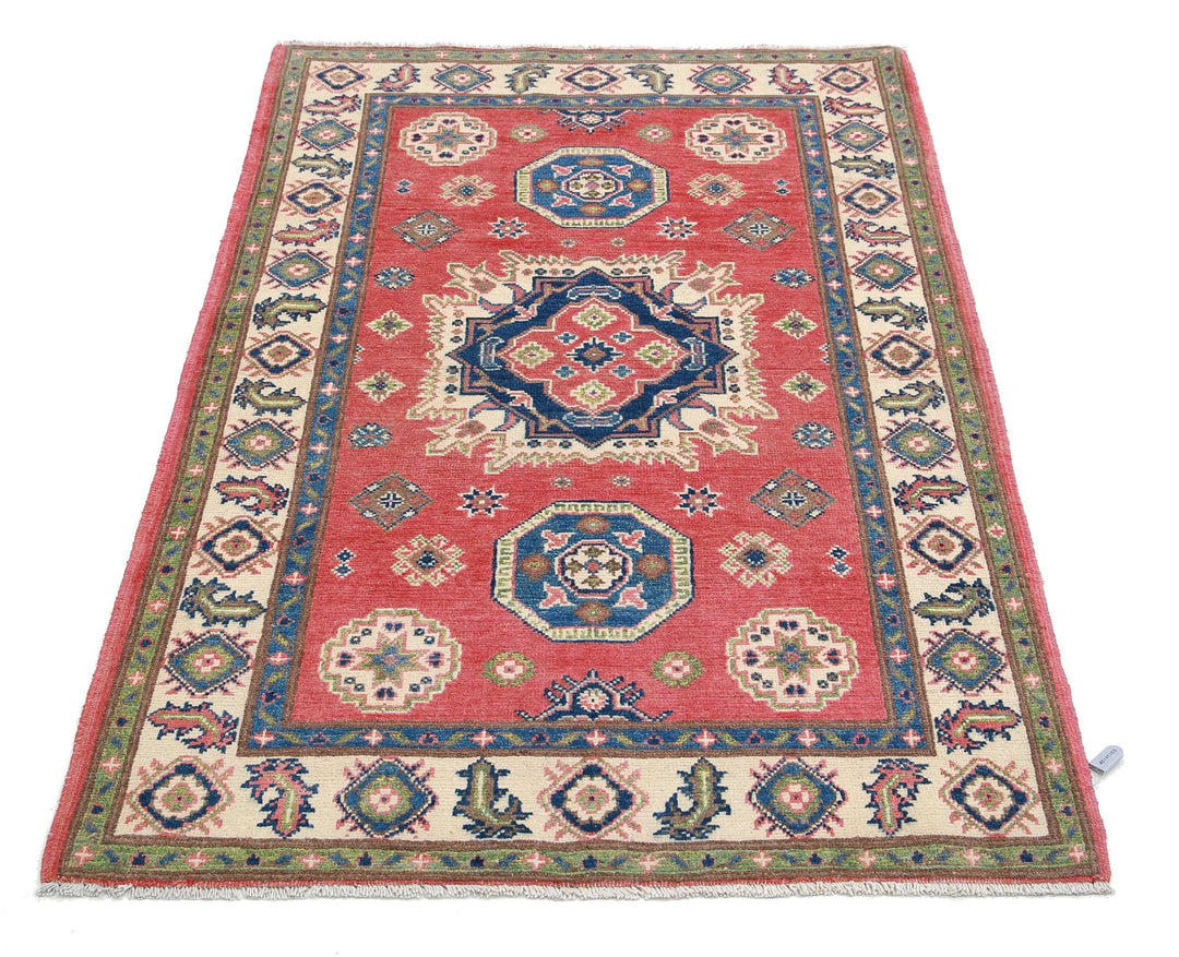 Afghan Kazak Rug 3' 3" x 4' 10" Hand-Knotted | No. AT84615