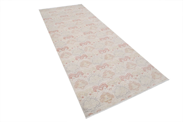 Ivory Afghan Serenity Runner Rug 4' 0" x 10' 2" Hand-Knotted | No. AT85116