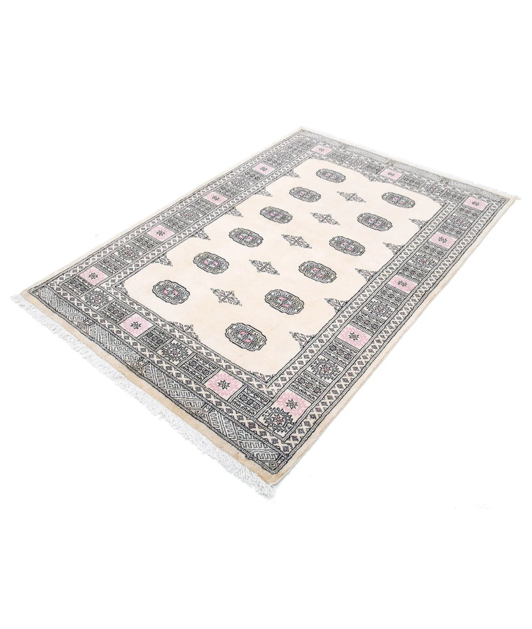 Ivory Pakistani Bokhara Rug 4' 3" x 6' 2" Hand-Knotted | No. AT85148