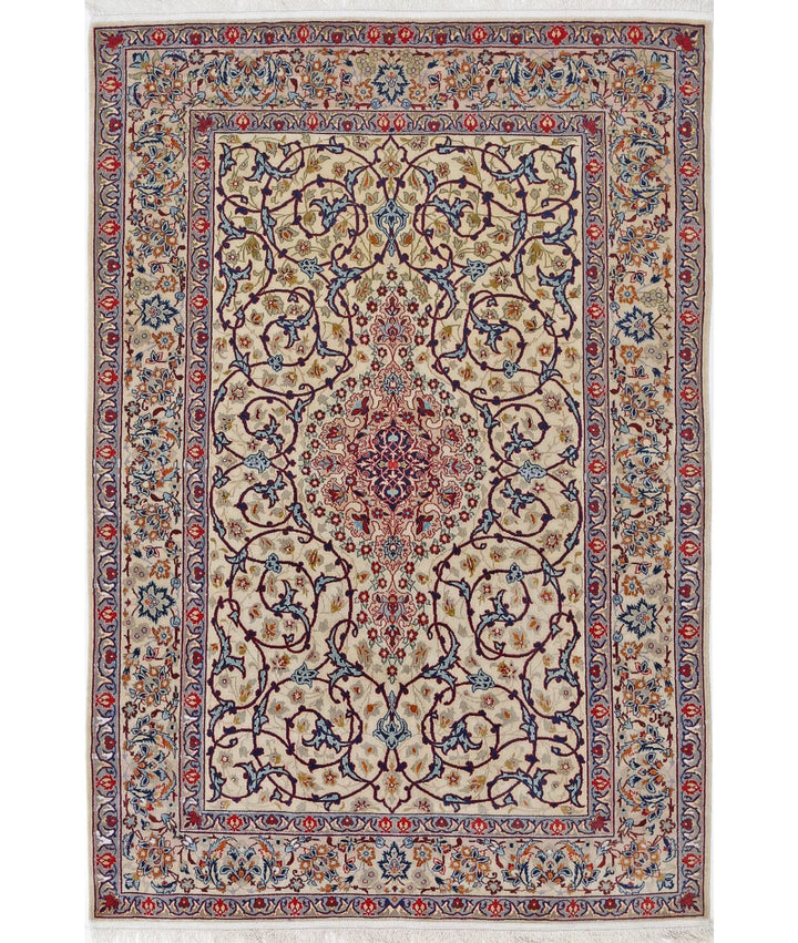 Ivory Persian Isfahan Rug 3' 7" x 5' 3" Hand-Knotted | No. AT86590