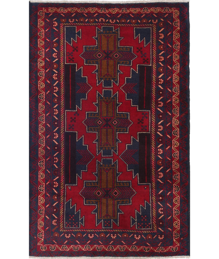 Red Afghan Baluchi Rug 3' 0" x 4' 9" Hand-Knotted | No. AT87104
