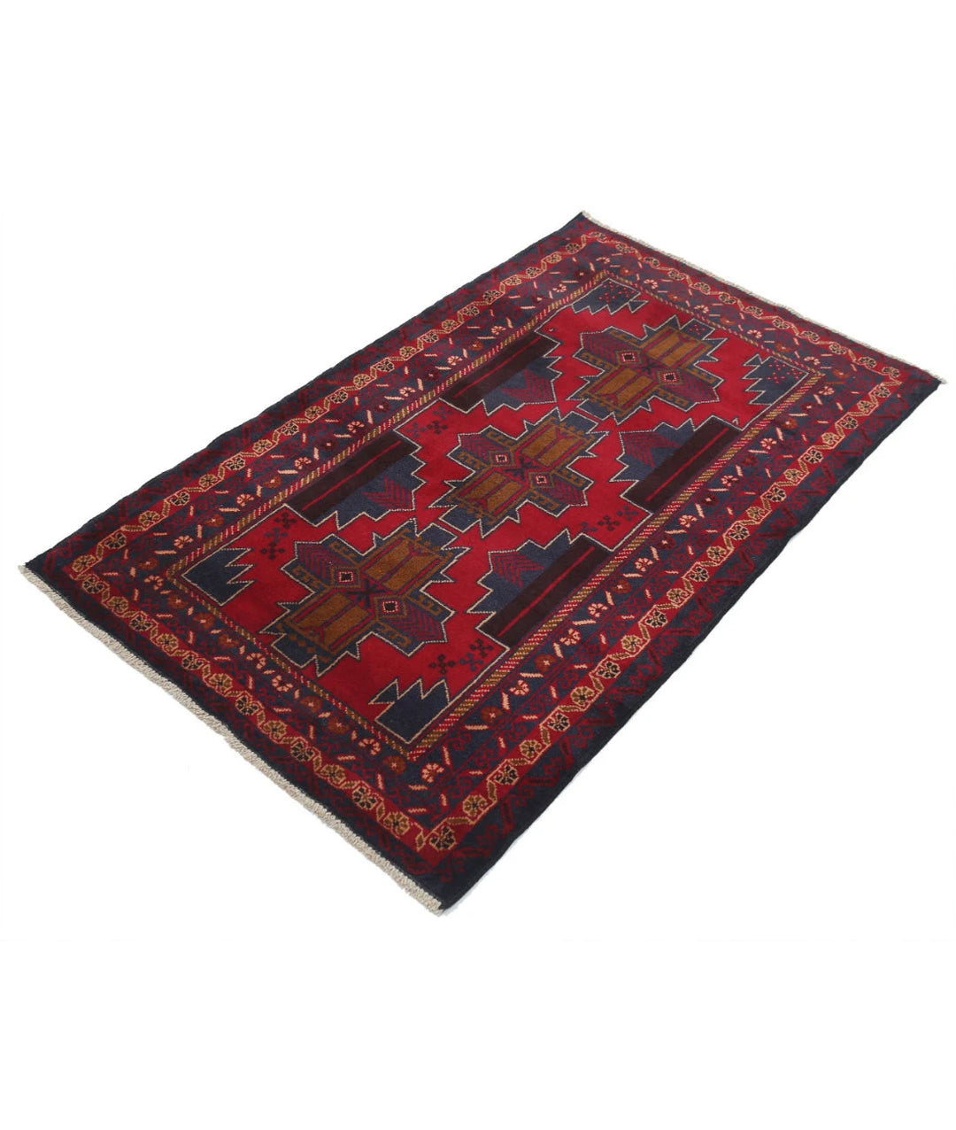 Red Afghan Baluchi Rug 3' 0" x 4' 9" Hand-Knotted | No. AT87104