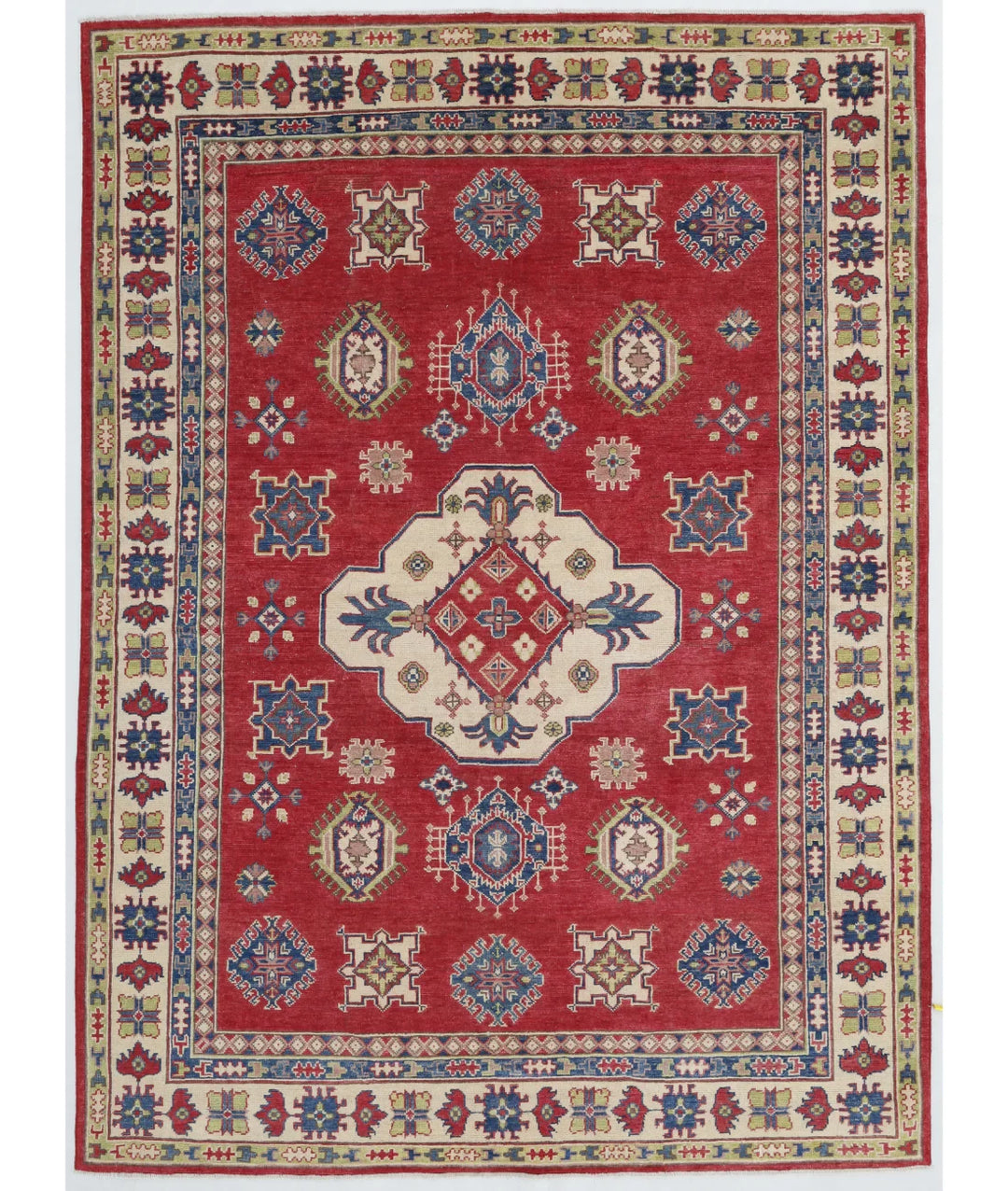 Red Afghan Kazak Rug 6' 2" x 8' 4" Hand-Knotted | No. AT87302