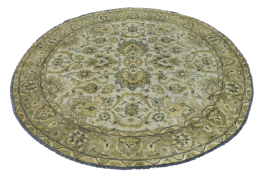 Ivory Green Indian Ziegler Rug 5' 9" x 5' 9" Hand-Knotted | No. AT87334