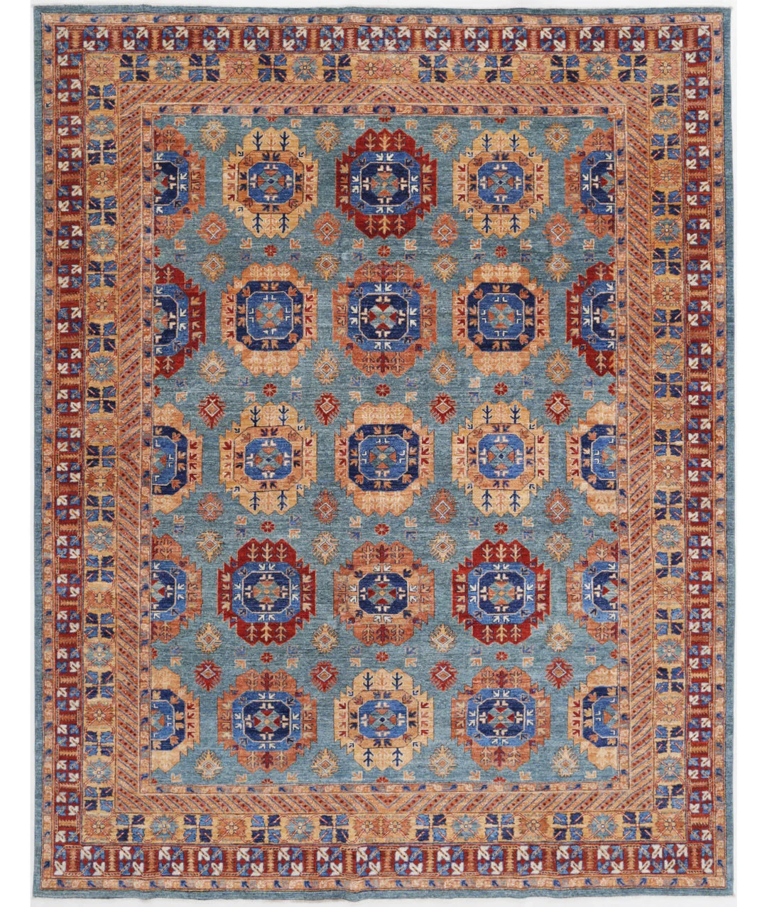 Green Afghan Tribal Rug 9' 1" x 11' 10" Hand-Knotted | No. AT878290