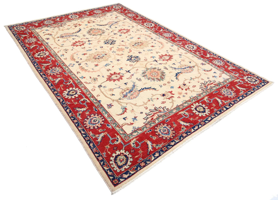 Ivory Afghan Ziegler Rug 6'2" x 9'3" Hand-Knotted | No. AT88058
