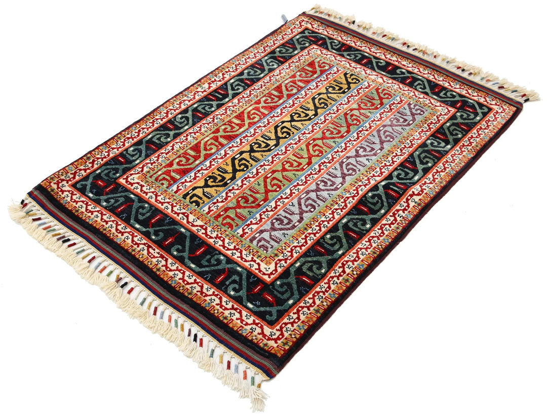 Black Afghan Shaal Rug 3' 2" x 4' 5" Hand-Knotted | No. AT88458