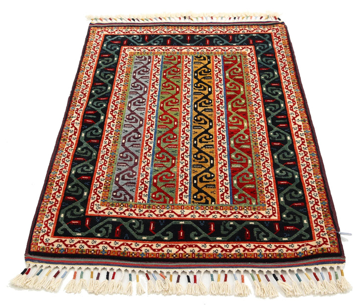 Black Afghan Shaal Rug 3' 2" x 4' 5" Hand-Knotted | No. AT88458
