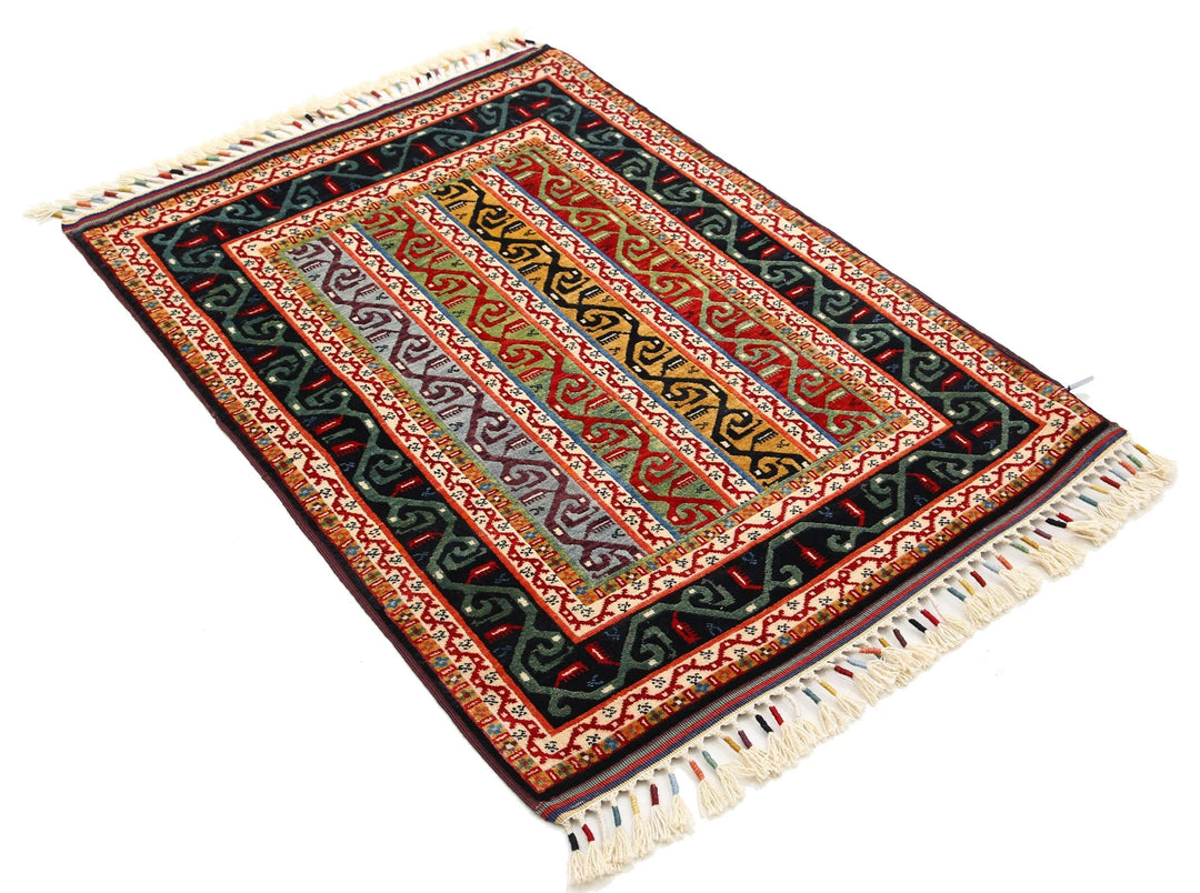 Black Afghan Shaal Rug 3' 2" x 4' 5" Hand-Knotted | No. AT88458