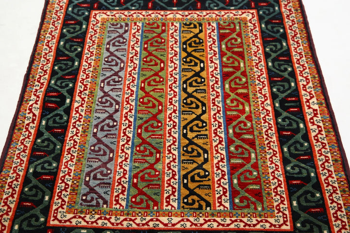 Black Afghan Shaal Rug 3' 2" x 4' 5" Hand-Knotted | No. AT88458