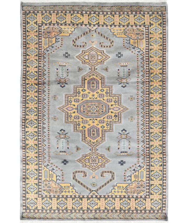 Grey Gold Pakistani Bokhara Rug 4' 6" x 6' 7" Hand-Knotted | No. AT88460