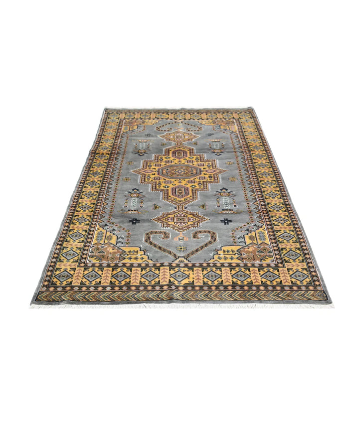 Grey Gold Pakistani Bokhara Rug 4' 6" x 6' 7" Hand-Knotted | No. AT88460