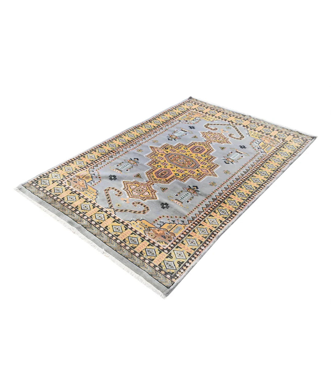 Grey Gold Pakistani Bokhara Rug 4' 6" x 6' 7" Hand-Knotted | No. AT88460