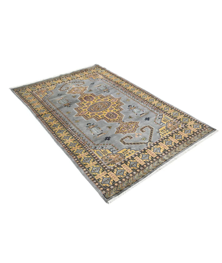 Grey Gold Pakistani Bokhara Rug 4' 6" x 6' 7" Hand-Knotted | No. AT88460