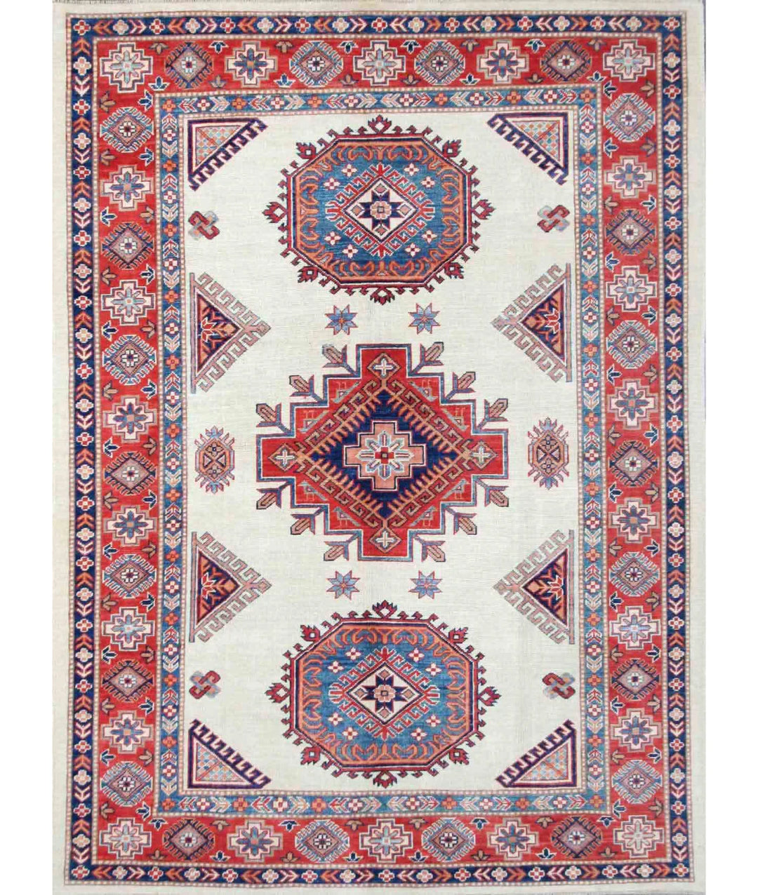 Ivory Afghan Kazak Rug 6' 3" x 8' 7" Hand-Knotted | No. AT88751