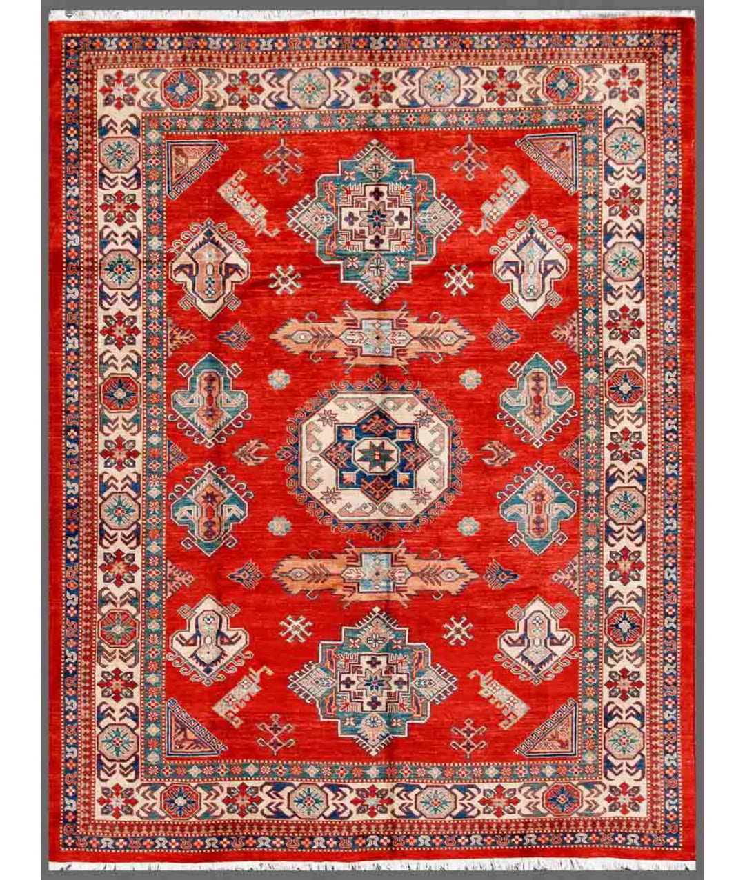 Red Afghan Kazak Rug 8' 2" x 10' 2" Hand-Knotted | No. AT890206