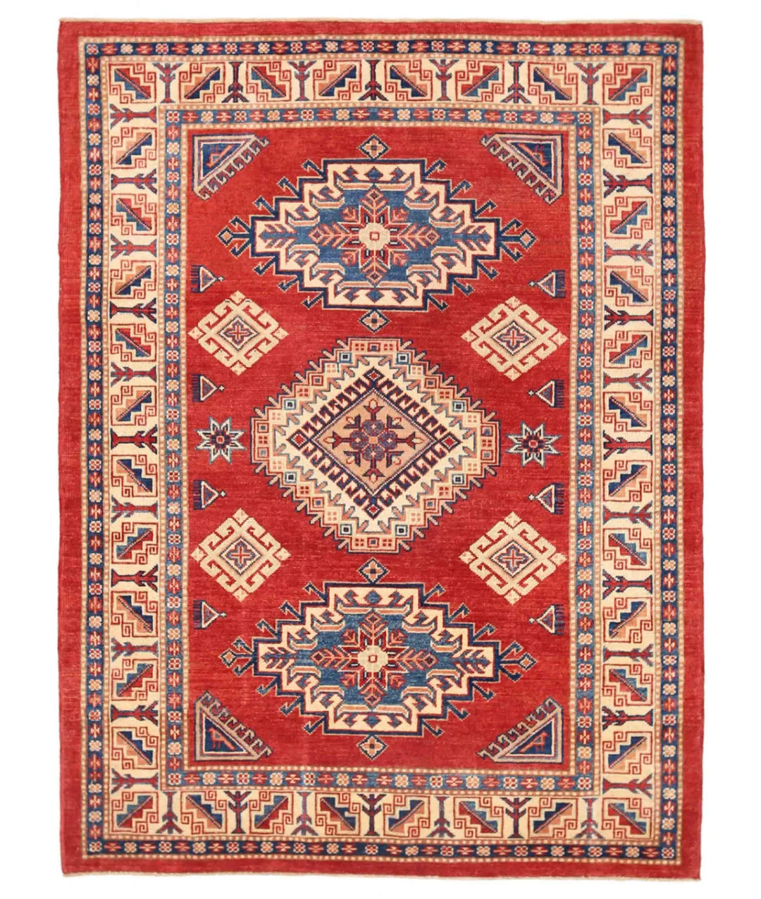 Red Afghan Kazak Rug 4' 8" x 6' 4" Hand-Knotted | No. AT89687