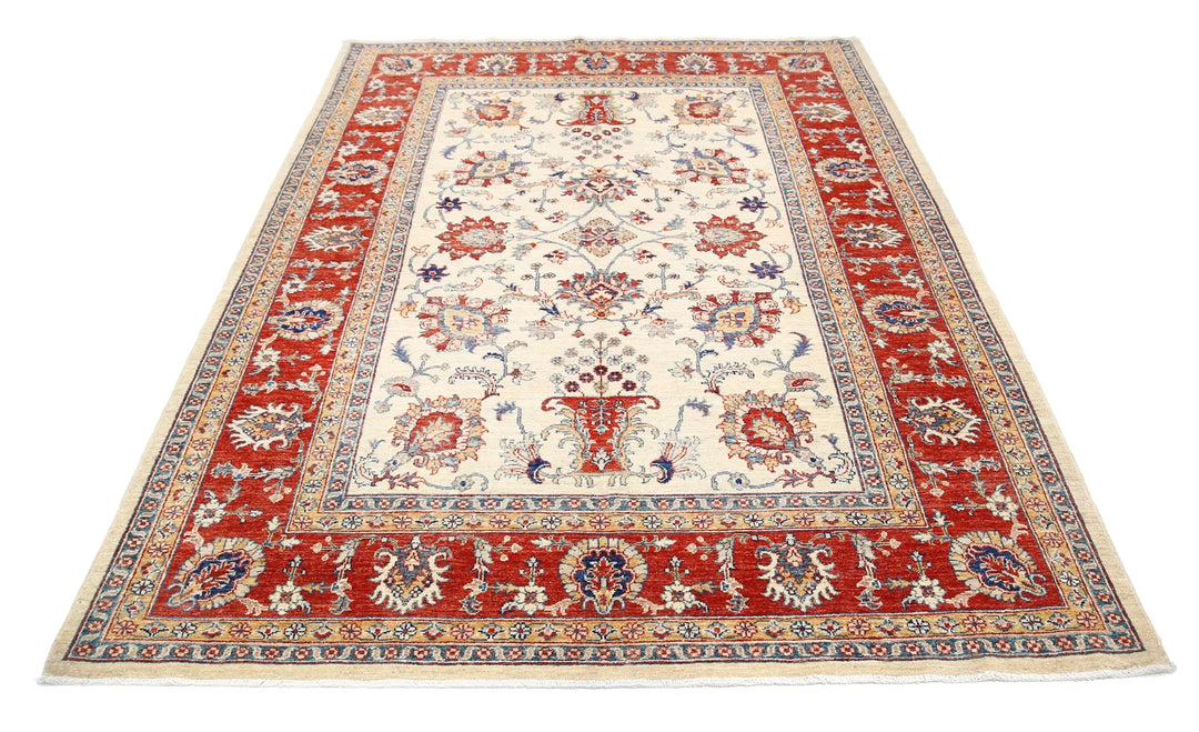 Ivory Afghan Ziegler Rug 5'8" x 7'10" Hand-Knotted | No. AT89889