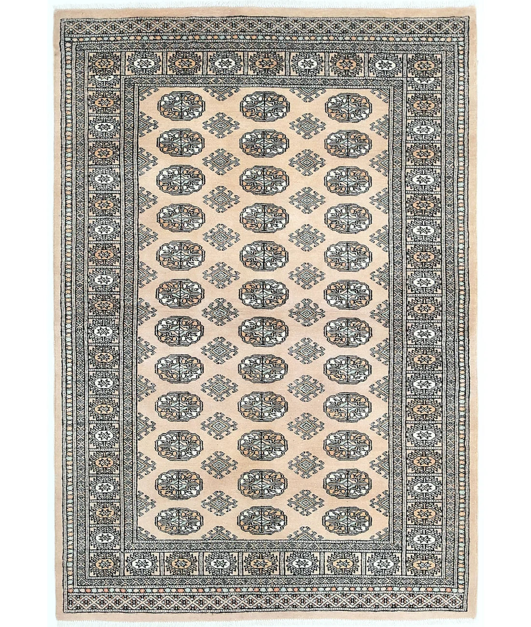 Ivory Pakistani Bokhara Rug 4' 0" x 5' 9" Hand-Knotted | No. AT90244
