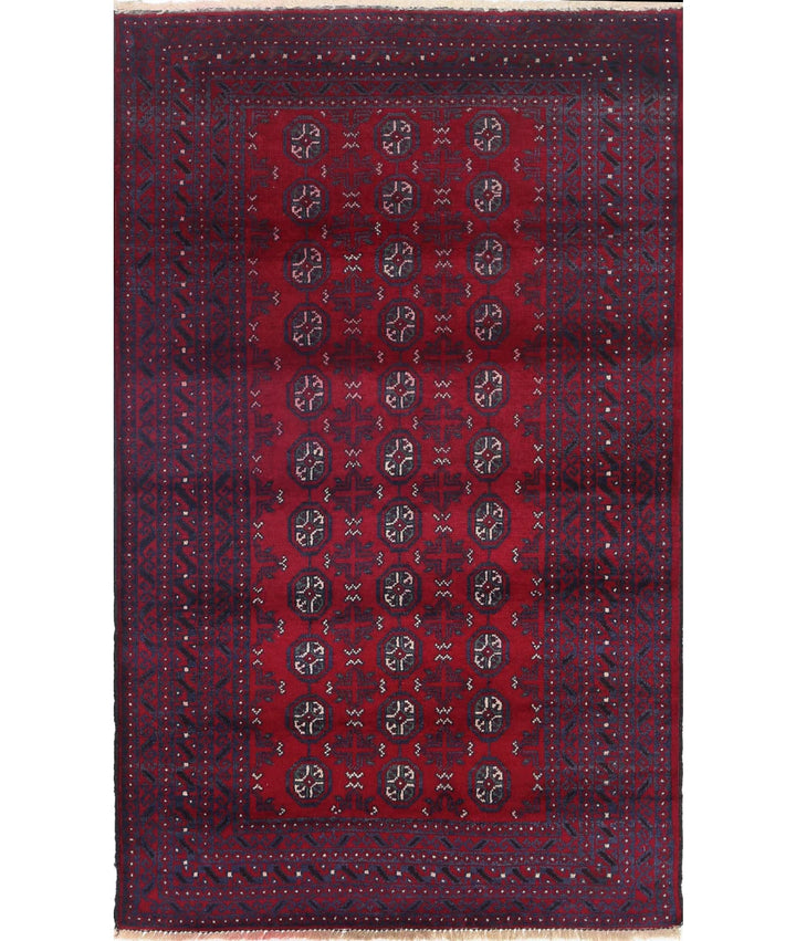 Red Afghan Baluchi Rug 3' 0" x 4' 9" Hand-Knotted | No. AT91376