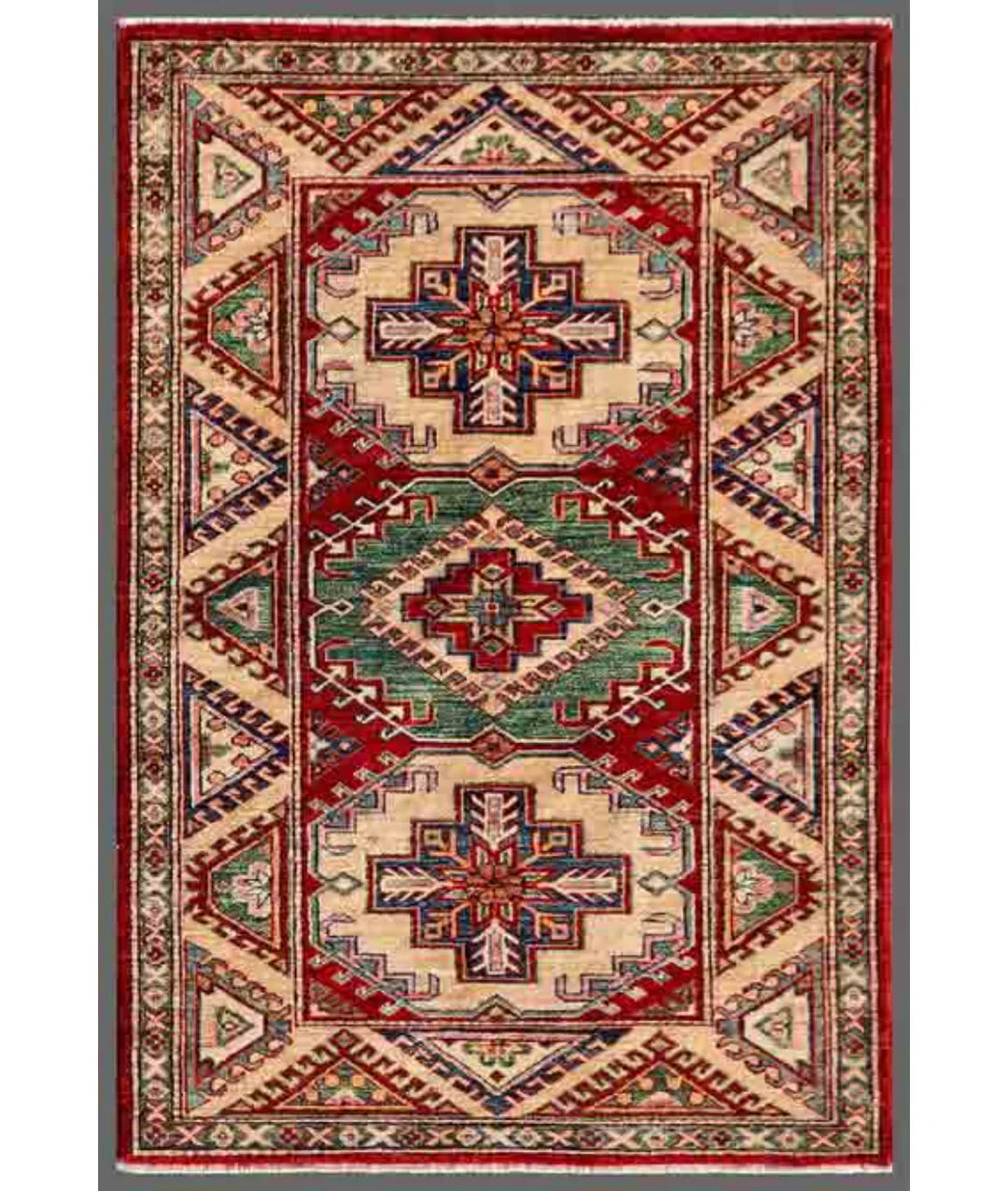 Red Afghan Kazak Rug 3' 0" x 4' 6" Hand-Knotted | No. AT915380