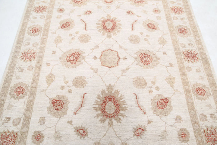 Ivory Afghan Ziegler Rug 4' 11" x 6' 2" Hand-Knotted | No. AT91601
