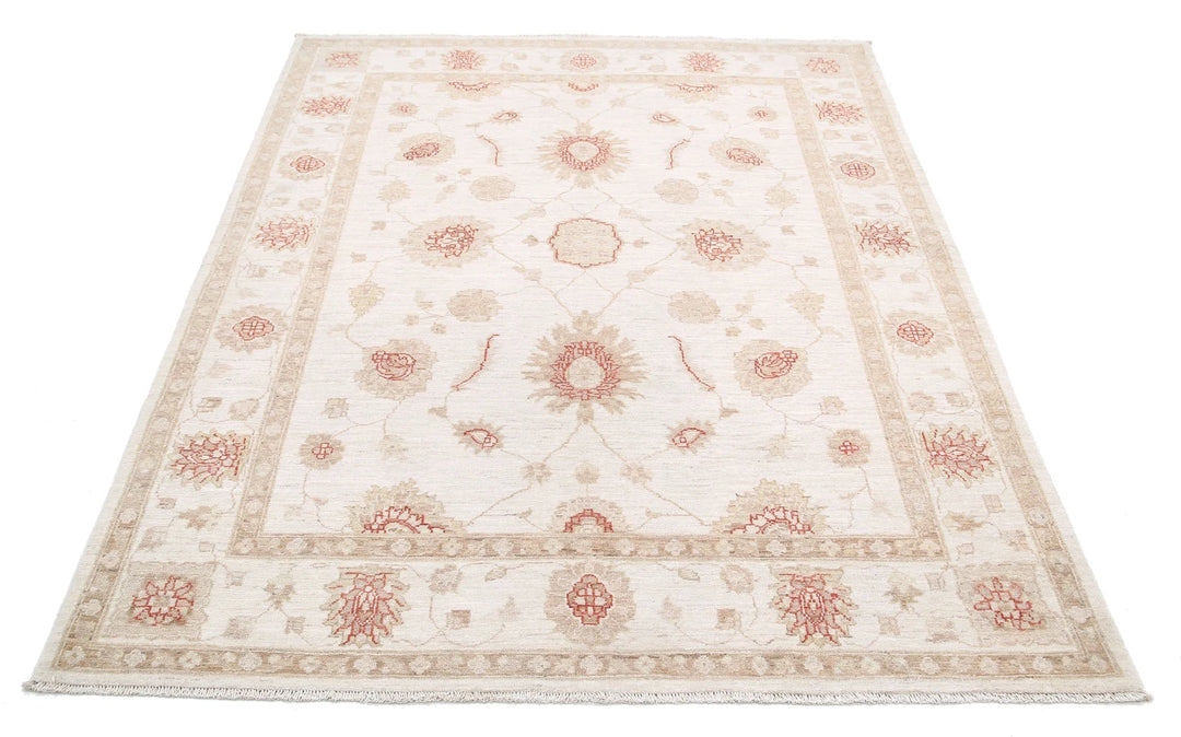 Ivory Afghan Ziegler Rug 4' 11" x 6' 2" Hand-Knotted | No. AT91601