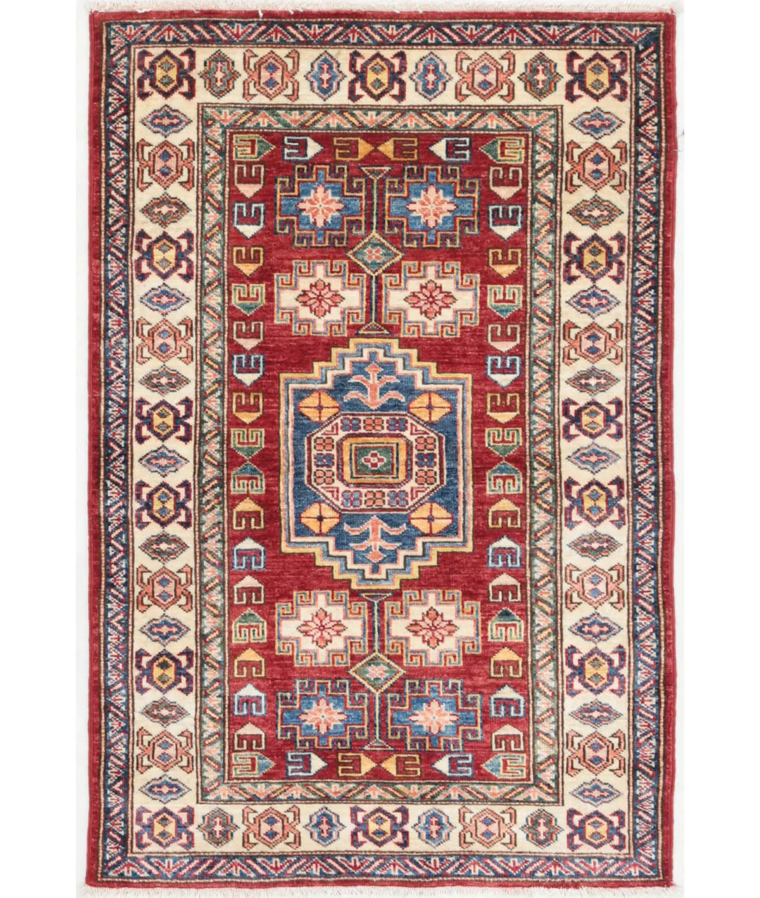 Red Afghan Kazak Rug 2' 7" x 3' 10" Hand-Knotted | No. AT91872