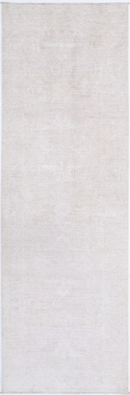 Ivory Afghan Tabriz Rug 3' 0" x 10' 1" Hand-Knotted | No. AT92388