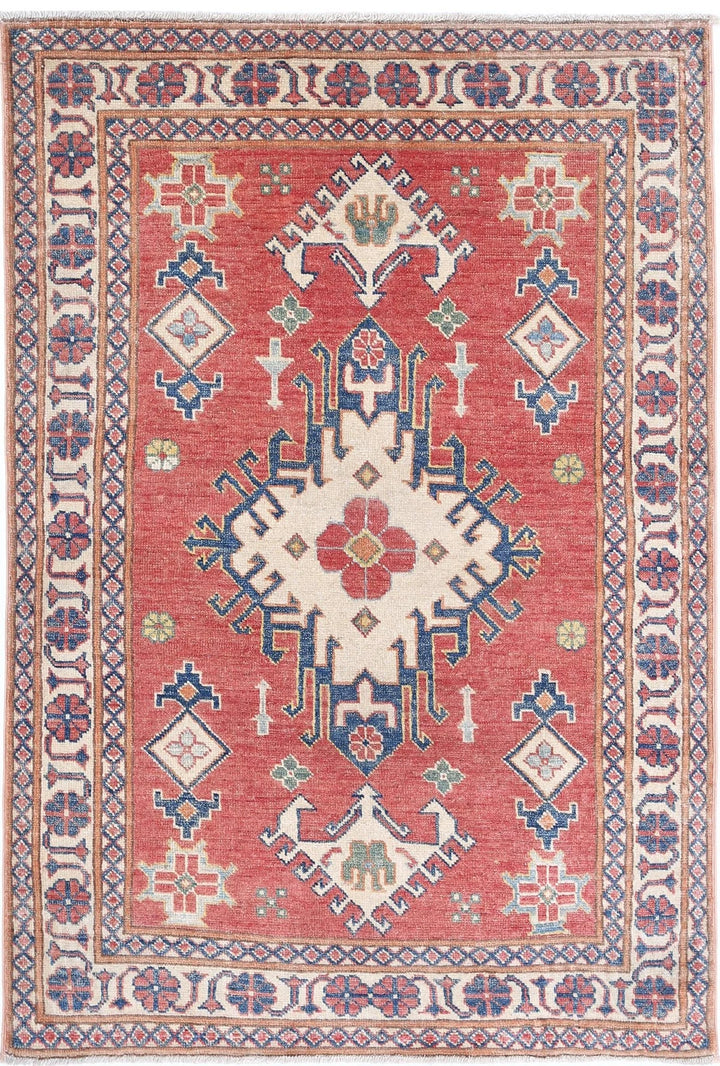 Afghan Kazak Rug 3' 2" x 4' 8" Hand-Knotted | No. AT93114