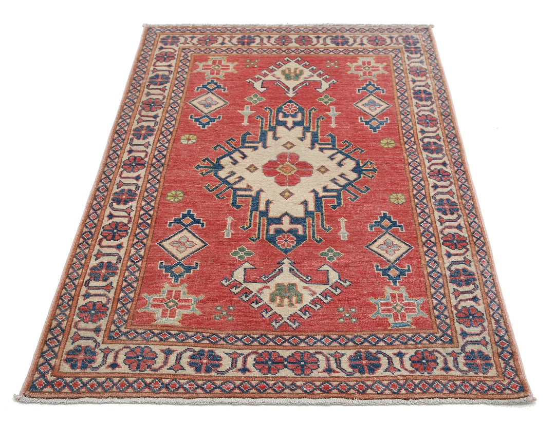 Afghan Kazak Rug 3' 2" x 4' 8" Hand-Knotted | No. AT93114