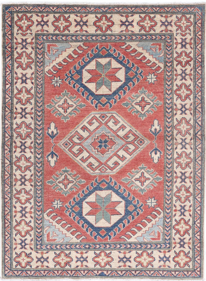 Afghan Kazak Rug 4' 0" x 5' 4" Hand-Knotted | No. AT93520