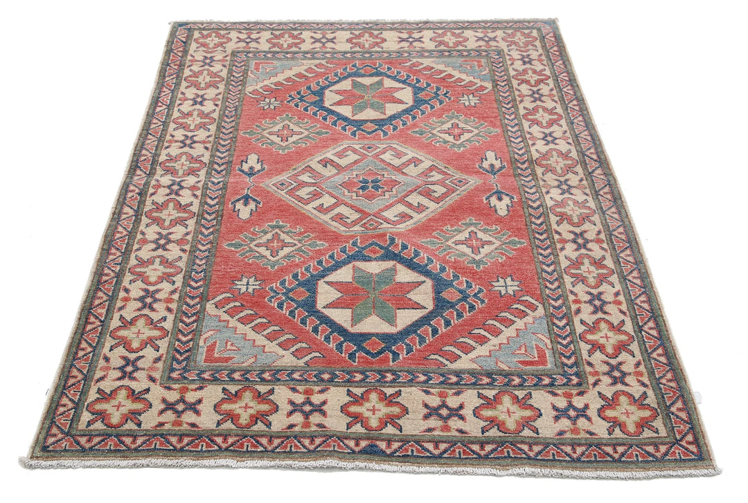 Afghan Kazak Rug 4' 0" x 5' 4" Hand-Knotted | No. AT93520