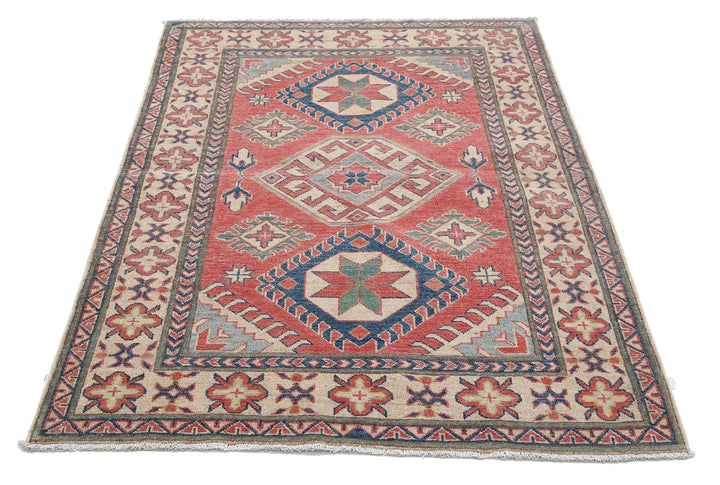 Afghan Kazak Rug 4' 0" x 5' 4" Hand-Knotted | No. AT93520